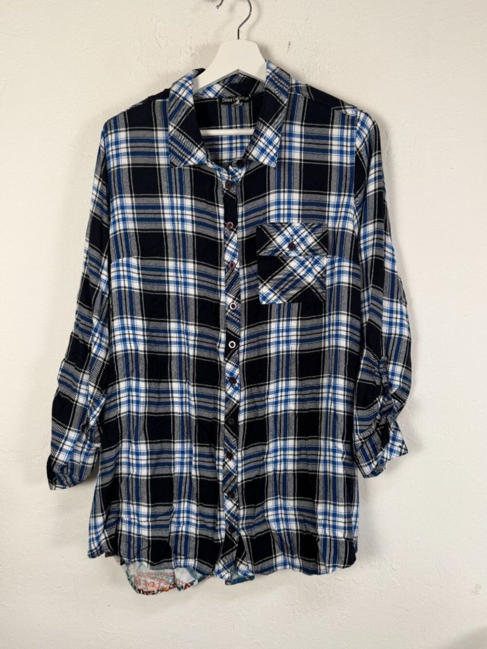 Tolani Collection Flannel Shirt Large Blue Plaid Front Floral Paisley Back Mixed